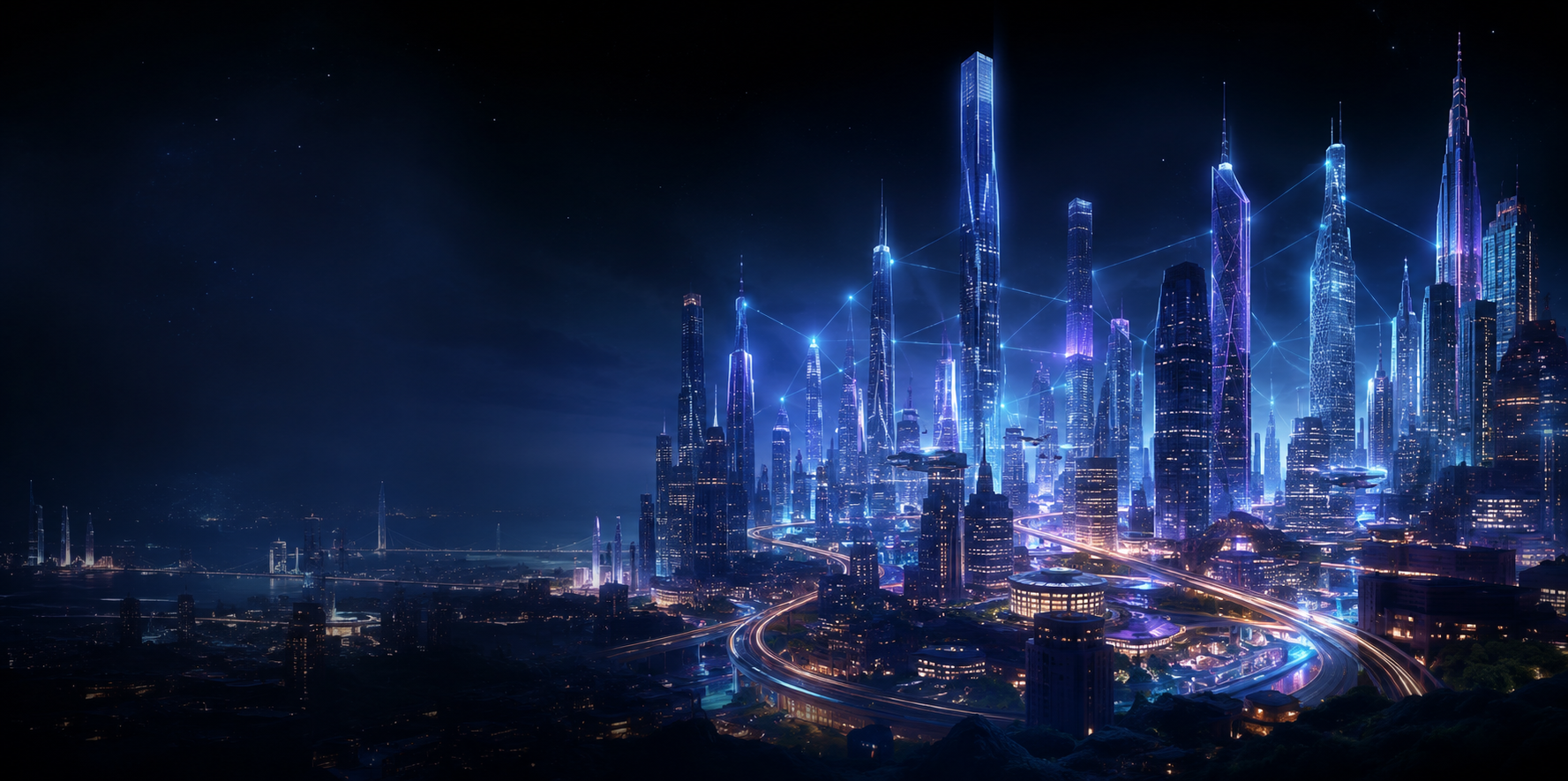 Futuristic AI-powered city skyline glowing at night
